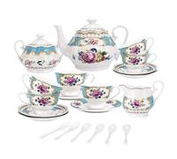 fanquare 15 Piezas Juegos de Té de Porcelana Inglesa Turquesa, Vintage Juego de Café de Flores Rosas, Servicio de Té de Boda para Adultos