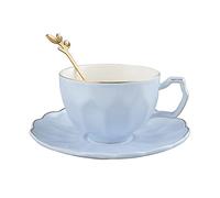 fanquare 200ml Taza de Café Azul con Cuchara, Elegante Taza de Té de Porcelana con Platillo, Taza de Té Británica de Mujer para Boda, Regalo de Cumpleaños