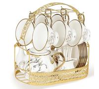 fanquare 21 Piezas de Té Vintage Británico de Porcelana, Juego de Té Floral con Borde Dorado, Taza de Café y Platillo con Soporte para Cucharas para Mujeres de Boda'