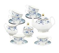 fanquare 21 Piezas Juego de Té de Porcelana con Flores Azul, Juego de Café de Ceramica Inglesa para 6 Personas, Servicio de Café con Tetera, Taza y Platillo