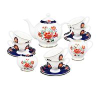 fanquare 21 Piezas Juego de Té de Porcelana, Servicio de Café Floral Rojo para 6 Personas, con Tetera, Azucarero, Jarra de Crema y cucharaditas Cucharas