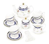 fanquare 21 Piezas Juego de Té de Tarde Británico con Rosas Azules, Conjunto de Teteras de Porcelana Modernas, Tazas de Café Vintage con Platillos, Servicio de Té para Adultos para 6