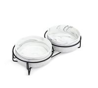 fanquare 2pcs Comedero de Cerámica Doble para Perros, Marmoleado Gris Comedero para Perros Comedero para Gatos con Marco de Metal Negro, 400ML