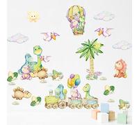 fanquare Dinosaurio en el Tren y Globo de Aire Caliente Pegatinas de Pared, Colorido Dinosaurio de Dibujos Animados con Calcomanías de pared de Nubes Mural Decorativo para Sala de Estar, Dormitorio