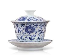 fanquare Gaiwan Azul y Blanco Tazón de Té Sancai Tradicional Chino de Porcelana Flor de Loto con Tapa Juego de Taza de Té y Platillo Vintage 280ML