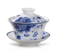 fanquare Gaiwan Azul y Blanco Tazón de Té Sancai Tradicional Chino de Porcelana Floral Peonía con Tapa Juego de Taza de Té y Platillo Vintage 220ML