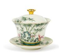 fanquare Gaiwan Chino Tazón de Té Sancai de Porcelana con Flores de Ciruelo Rojo y Bambú Verde con Tapa Juego de Taza de Té y Platillo Vintage 200ML
