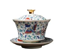 fanquare Gaiwan Chino Tazón de Té Sancai Tradicional Chino de Porcelana de Fénix con Tapa Juego de Taza de Té y Platillo Vintage 200ML