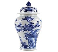 fanquare Jarrón de Porcelana Azul y Blanca, Jarrón Estilo Chino Ming, Jarrón con Motivo de Flores de Ciruelo y Pájaros, Altura 35cm