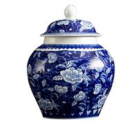 fanquare Jarrón Jingdezhen de Porcelana Azul y Blanca, Florero Hecho a Mano con Diseño de Loto de la Suerte, Altura 23cm