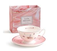 fanquare Juego de 1 Taza y Plato de Té Británico, 200ml Taza de Café y Plato Flores Rosas, Taza de Cerámica Lindo Conejo Regalos para Fiestas de Té por la Tarde para Mujeres Niñas