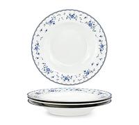 fanquare Juego de 4 Platos Hondos de Porcelana, 21.8cm Platos de Sopa Florales Azul, Cuencos de Pasta Blancos