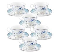 fanquare Juego de 6 tazas de té azules con flores y platillos, elegantes tazas de café de porcelana británica, tazas de té para mujeres adultas 150 ml