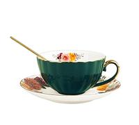 fanquare Juego de Taza de Té y Plato de 200ml para 1 Persona, Taza de Té de Cerámica con Borde Dorado, Taza de Café de Porcelana con Cuchara, Verde Oscuro