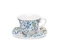 fanquare Juego de taza y platillo azul y blanco, 250 ml Taza de café grande de cerámica con flores, taza de té vintage para regalos de merienda