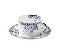 fanquare Juego de Taza y Plato Azul y Blanco para 1, Juego de Taza y Plato de Café de Porcelana Flor de Rosa de 200ml con Ribete Dorado, Taza de Té Vintage Británico para Fiesta de Té por la Tarde