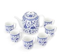 Fanquare Juego de Té Azul y Blanco - Tetera de Porcelana Floral Con Infusor, 6 Tazas - Juego Chino Para Adultos, Regalo