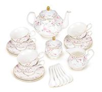 fanquare Juego de Té de la Tarde de Flores Rosas y Enredaderas, Juego de Tetera de Porcelana Británica de 21 Piezas, Juego de Café de Fiesta de Boda Vintage, Juego de Té para Adultos para 6 Personas
