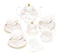 fanquare Juego de Té de la Tarde de Flores Rosas y Enredaderas, Juego de Tetera de Porcelana Británica de 21 Piezas, Juego de Café de Fiesta de Boda Vintage, Juego de Té para Adultos para 6 Personas