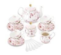 fanquare Juego de Té de Porcelana Británica de 21 Piezas con Borde Dorado, Hojas de Otoño rosas Juego de Café Floral para Mujeres Fiesta de Té, 6 Tazas de Té y Platillos para Café Boda en Casa