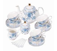 fanquare Juego de Té de Porcelana con Flores Azules, Juego de Taza y Plato de Té, Juego de Té para 6 Personas, Tetera de Boda Azucarera Jarra de Crema, Juego de Café de China
