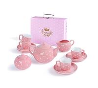 fanquare Juego de Té de Porcelana de 12 Piezas para Adultos, Niñas Pequeñas, Lunares Rosas, Juego de Té de la Tarde con Tetera, Taza y Estuche de Transporte