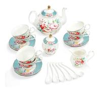 fanquare Juego de Té de Porcelana de 15 Piezas de Flores de Colores, Juego de Taza y Plato de Té de Cerámica para 6, Juego de Tetera Vintage para Fiesta de Mujeres