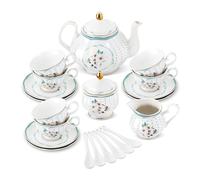fanquare Juego de Té de Porcelana Estilo Real de 21 Piezas con Borde Dorado, Juego de Café de Lunares de Camelia Blanca Vintage, 6 Tazas de Té y Platillos para Fiesta en Casa Boda