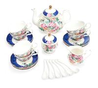 fanquare Juego de Té de Porcelana Flor Azul de 15 Piezas, Juego de Taza y Plato de Té de Cerámica Flor Rosa para 6, Juego de Café de China para Adultos y Mujeres
