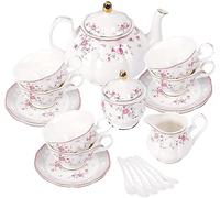 fanquare Juego de Té de Porcelana, Juego de Taza y Platillo, Juego de Té para 6 Personas, Tetera de Boda Azucarera Jarra de Crema, Juego de Café de China Floral, Rosa Roja