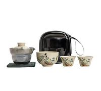 fanquare Juego de Té de Viaje Portátil con Bolsa de Viaje, Juego de Té de Porcelana con Motivos de Pájaros y Flores, Tetera con 2 Tazas de Té y Caja de Té