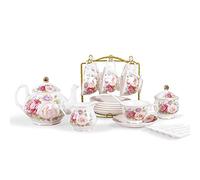 fanquare Juego de Té Europeo de 21 Piezas de Porcelana, Servicio de Café de Cerámica Rosa, Servicio de Té de Boda para Tarde de Té, Café