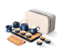 fanquare Juego de Té Japonés de Viaje Azul Marino Tetera de Porcelana Kung Fu con Bandeja Bolsa Portátil Servicio de Té Chino para Hombres Mujeres Regalos