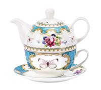 fanquare Juego de Té para Una Persona con Flores Rosas Vintage, Juego de Tetera con Taza de Café y Platillo de Porcelana Turquesa