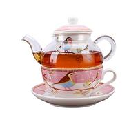 fanquare Juego de Té para Una Persona de Pájaros y Flores de Petirrojo Rosado, Juego de Tetera con Taza de Café y Platillo de Porcelana con Tetera de Vidrio