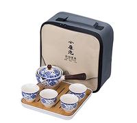 fanquare Juego de Té Portátil de Viaje de Porcelana Azul y Blanca,Juego de Té Kungfu Hecho a Mano, Tetera, 4 Tazas y Bandeja de Té de Bambú con Bolsa