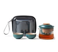 fanquare Juego de Té Portátil de Viaje Tetera de Porcelana China Kung Fu de Cristal Verde con Infusor Mini 1 Tetera 2 Tazas para Adultos