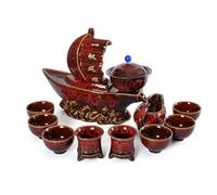 fanquare Juego de Té Semiautomático Taza de Té Tetera China Kungfu Perezosa de Velero 11 Piezas Servicio de Té de Porcelana Roja para Adultos