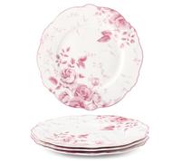 fanquare Juegos de 4 Platos de Postre Florales Rosas de 21,6 cm, Porcelana Elegante Británica para Aperitivos y Cenas, Aptos para Microondas y Lavavajillas