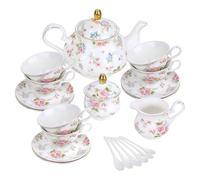 fanquare Juegos de té de 21 piezas en colores pastel con detalles en relieve, Juegos de café de porcelana vintage con borde dorado, 6 tazas y platillos para mujeres, merienda