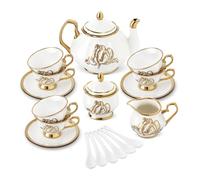fanquare Juegos de té de porcelana británica de 21 piezas, Juegos de café Gold Tulip para la merienda, 6 tazas de té y platillos para el café en casa, bodas, cumpleaños
