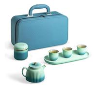 fanquare Juegos de Té Kungfu de Porcelana con Tetera Juego de Té Japonés de Viaje Azul Verde con Bandeja Servicio de Té Chino para Adultos