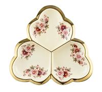fanquare Plato de 3 compartimentos, bandeja de porcelana dorada para servir aperitivos, plato dividido de cerámica floral para frutas, dulces, nueces