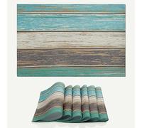 fanquare Salvamanteles de Lino Vintage Juego de 6, Manteles Individuales Rectangulares Marrón Teal, Salvamanteles Lavables Resistentes al Calor para Mesa de Comedor Fiesta Cocina