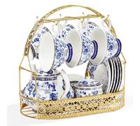 fanquare Servicio de Té de Porcelana Fleur Bleue con Soporte de Metal, Taza y Plato de Café de Porcelana Vintage, Servicio de Café Inglés para Adultos