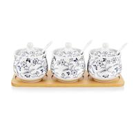 fanquare Tarro de Especias de Cocina Floral Azul y Blanco, Juego de 3 Azucareros Chinos con Tapa y Cuchara, Recipiente de Cerámica para Condimentos con Bandeja para Servir para el Hogar y la Cocina