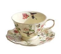 fanquare Taza de café y platillo con flores y pájaros, Taza de té vintage de cerámica con borde dorado, 250 ml, elegante regalo para la merienda