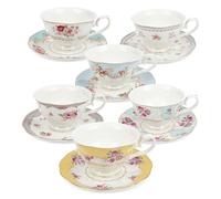 fanquare Taza de Café y Plato de Porcelana Floral de Colores, Juego de Taza de Té Inglés para 6, Juego de Fiesta de Té de Rosas Vintage para Mujeres, FKT0565A