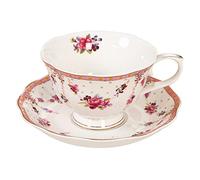 fanquare Taza de Café y Plato Rosa, 220ml Nueva Taza de Café y Té de China de Hueso, Juego de Taza y Plato de Flor de Porcelana de Regalo