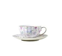 fanquare Taza de té y platillo con flores violetas, Elegante taza de café de porcelana británica con borde dorado, regalo para mamá o una amiga, merienda, 200 ml